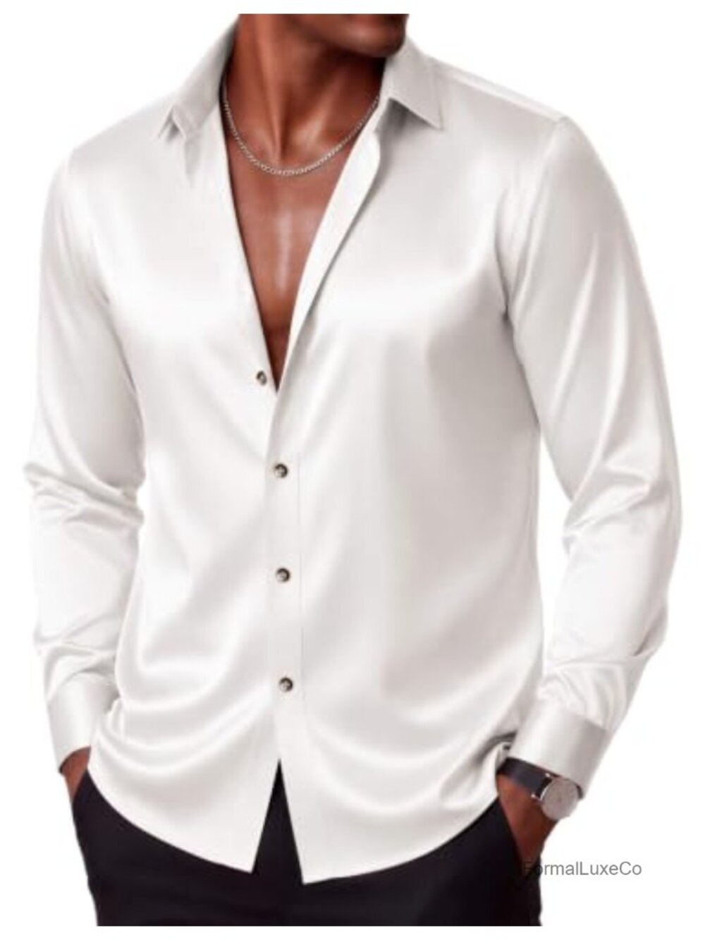 Men's Silk Satin Dress Shirt Long Sleeve Button Down Formal